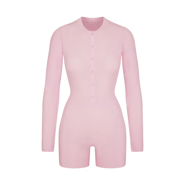 WAFFLE BUTTON UP HENLEY ONESIE | CHERRY BLOSSOM (ONESIES) FLAT ON A WHITE BACKGROUND | FLT