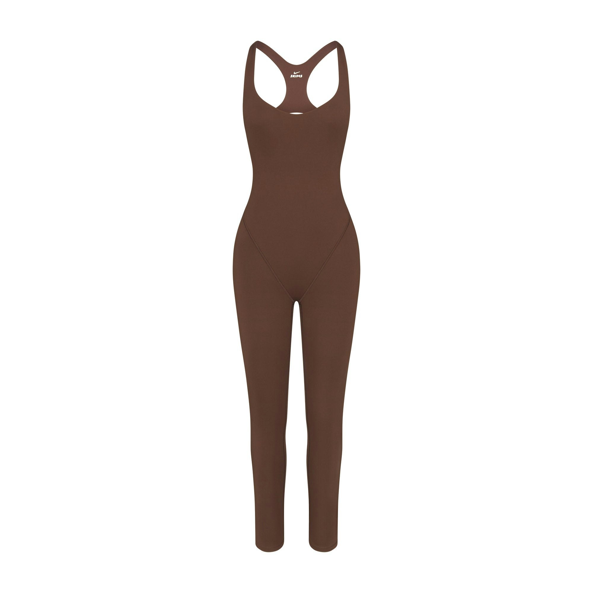 NikeSKIMS MATTE RACER LONG ONESIE | DARK SEPIA FLAT ON A WHITE BACKGROUND | FLT