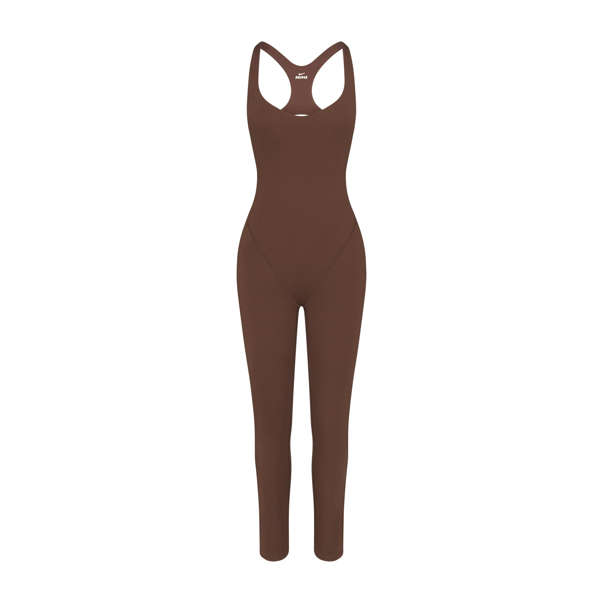 NikeSKIMS MATTE RACER LONG ONESIE | DARK SEPIA FLAT ON A WHITE BACKGROUND | FLT