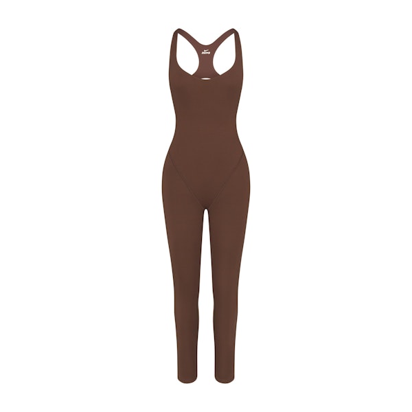 NikeSKIMS MATTE RACER LONG ONESIE | DARK SEPIA FLAT ON A WHITE BACKGROUND | FLT