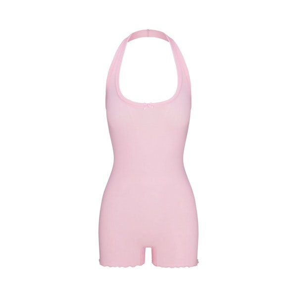 LOGO POINTELLE HALTER ONESIE | CHERRY BLOSSOM FLAT ON A WHITE BACKGROUND | FLT