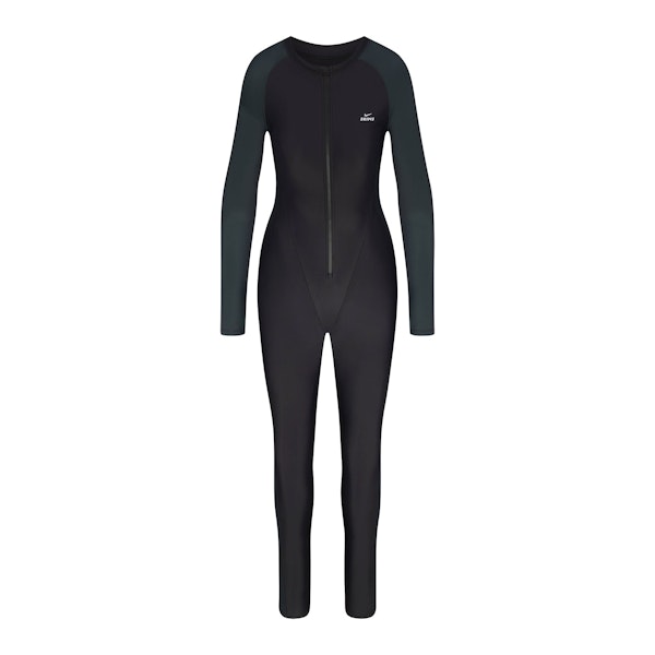 NikeSKIMS SHINE ZIP FRONT LONG ONESIE | OBSIDIAN AND DARK TEAL FLAT ON A WHITE BACKGROUND | FLT