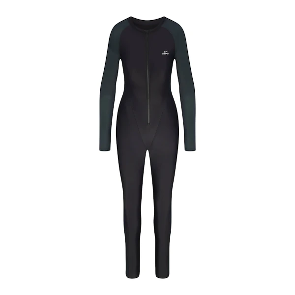 NikeSKIMS SHINE ZIP FRONT LONG ONESIE | OBSIDIAN AND DARK TEAL FLAT ON A WHITE BACKGROUND | FLT