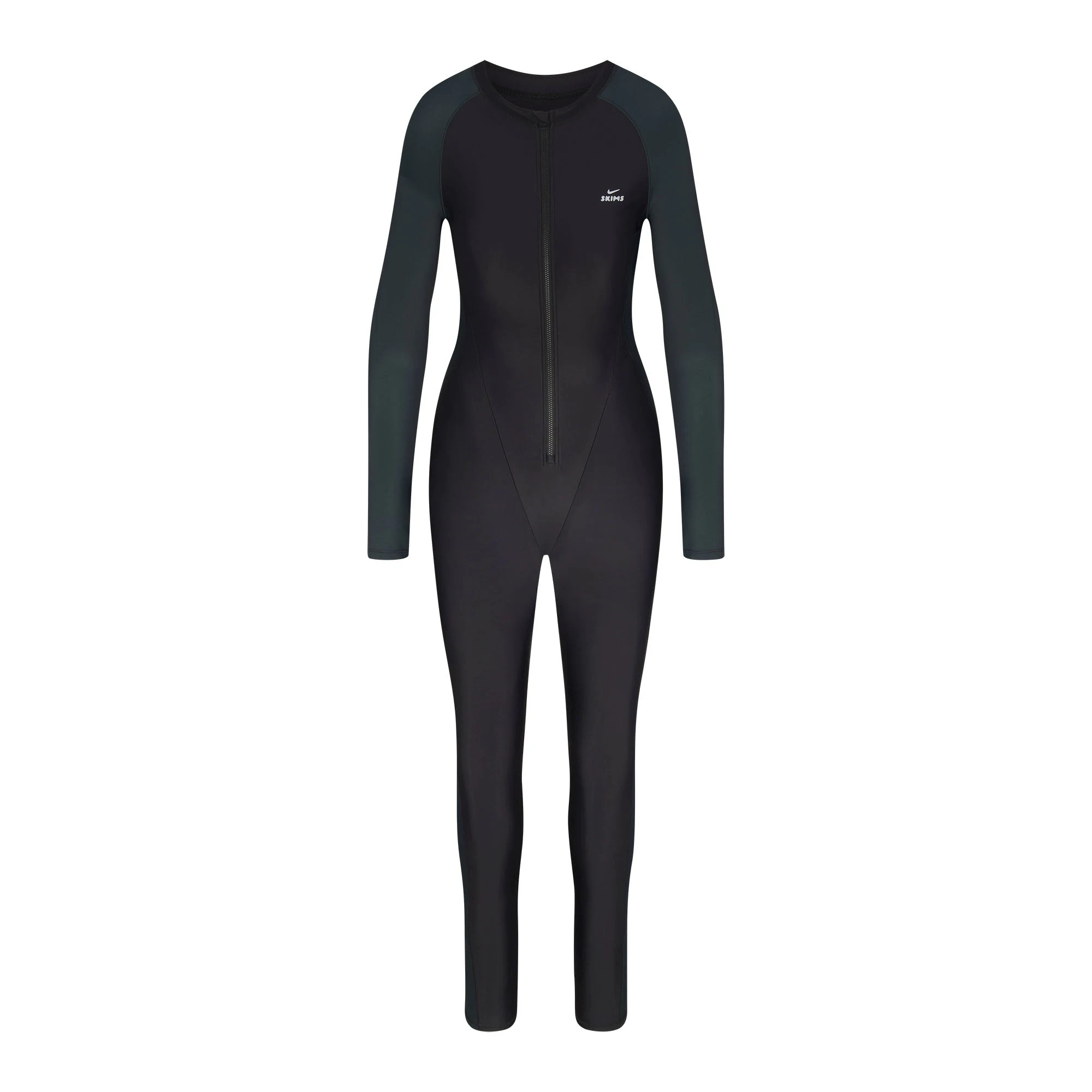 NikeSKIMS SHINE ZIP FRONT LONG ONESIE | OBSIDIAN AND DARK TEAL FLAT ON A WHITE BACKGROUND | FLT
