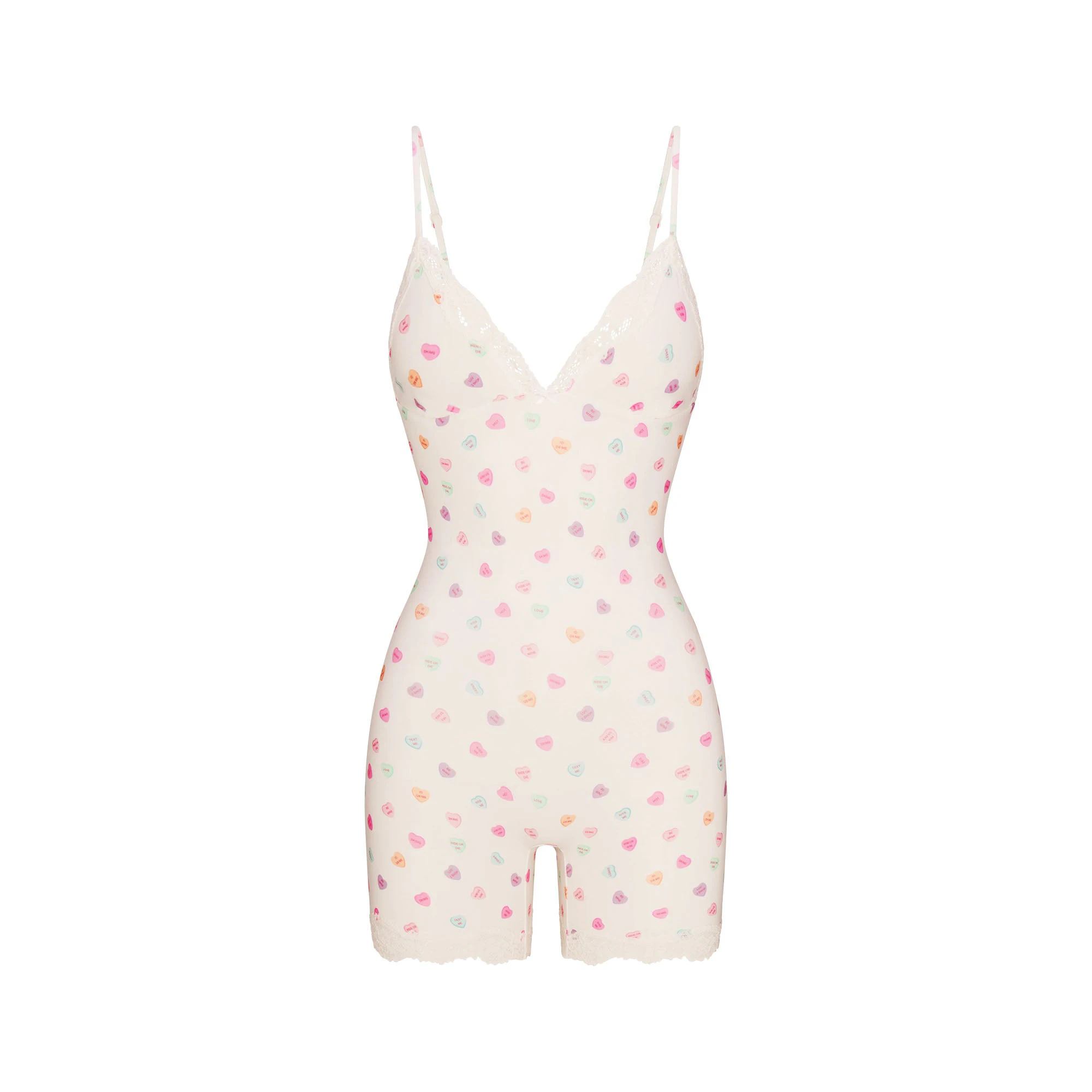 FITS EVERYBODY LACE TRIANGLE ONESIE | MARBLE CANDY HEART PRINT FLAT ON A WHITE BACKGROUND | FLT