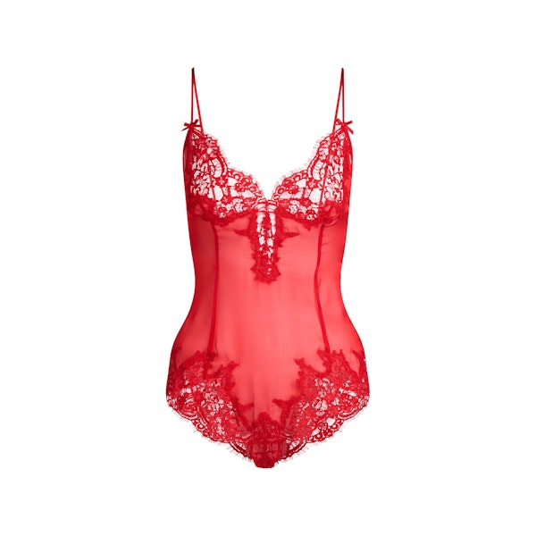 SKIMS ROMANCE LACE TEDDY | CRANBERRY FLAT ON A WHITE BACKGROUND | FLT