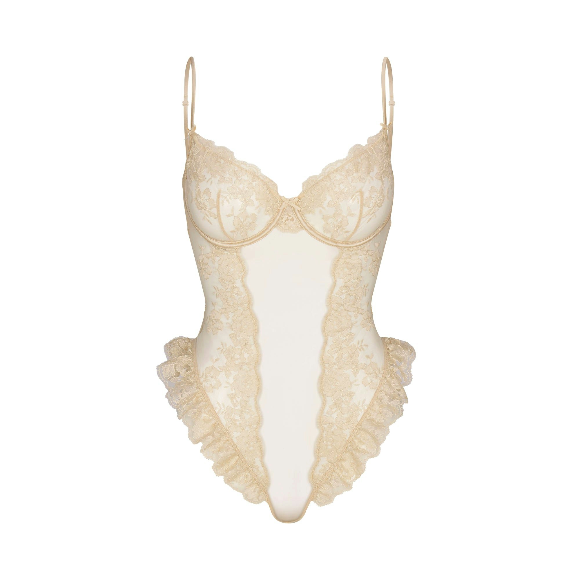 EMBROIDERED LINGERIE UNLINED CROTCHLESS TEDDY | CHAMPAGNE FLAT ON A WHITE BACKGROUND | FLT