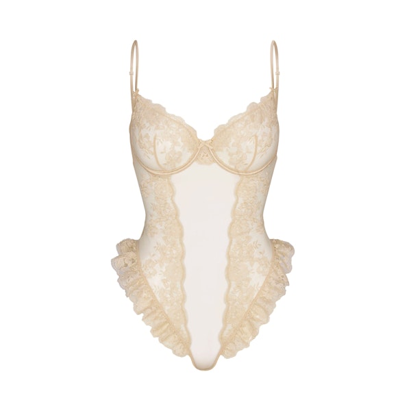 EMBROIDERED LINGERIE UNLINED CROTCHLESS TEDDY | CHAMPAGNE FLAT ON A WHITE BACKGROUND | FLT