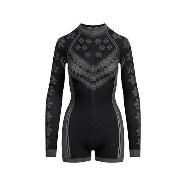 SKIMS FIRST LAYERS HALF ZIP ONESIE | OBSIDIAN WINTER FAIR ISLE FLAT ON A WHITE BACKGROUND | FLT