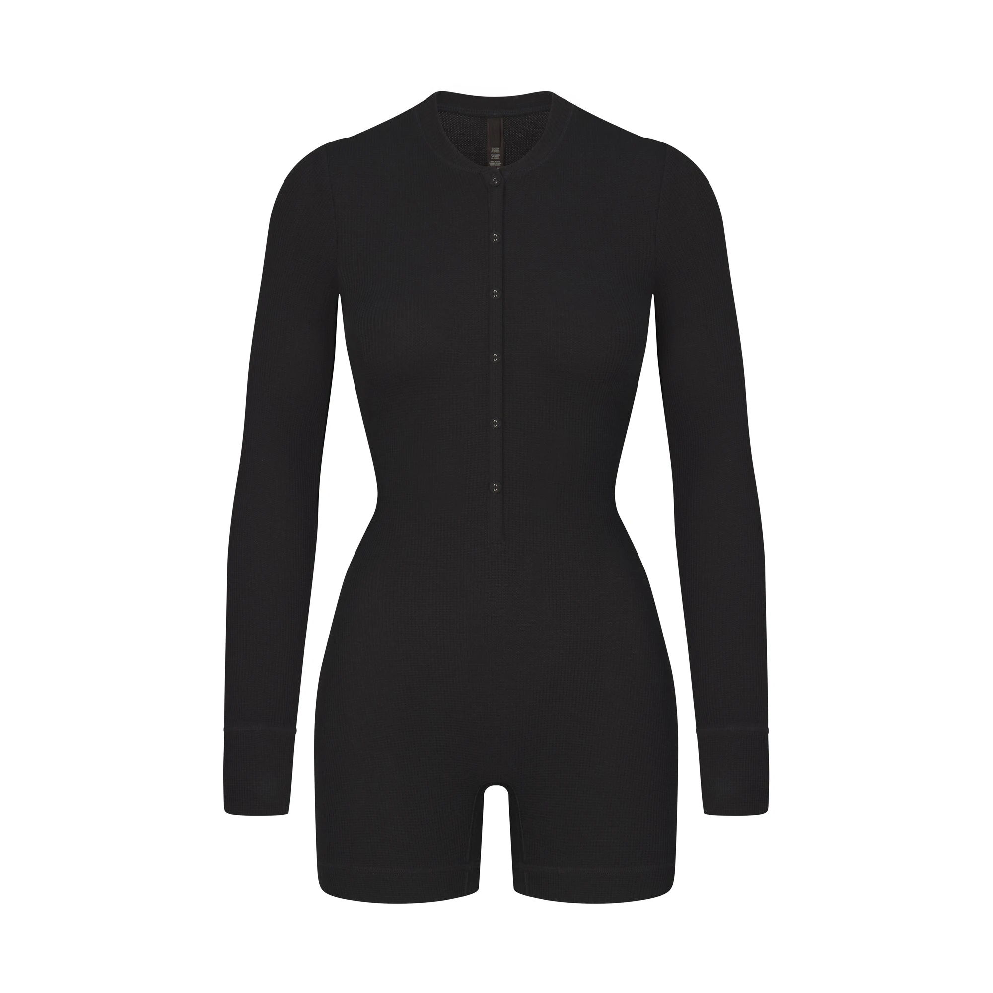 WAFFLE BUTTON UP HENLEY ONESIE LAYS FLAT ON A WHITE BACKGROUND