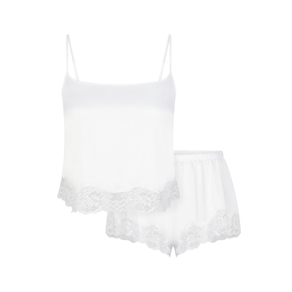 WOVEN SHINE CAMI AND SHORT SET | SNOW (CAMIS, BOTTOMS) LAYS FLAT ON A WHITE BACKGROUND