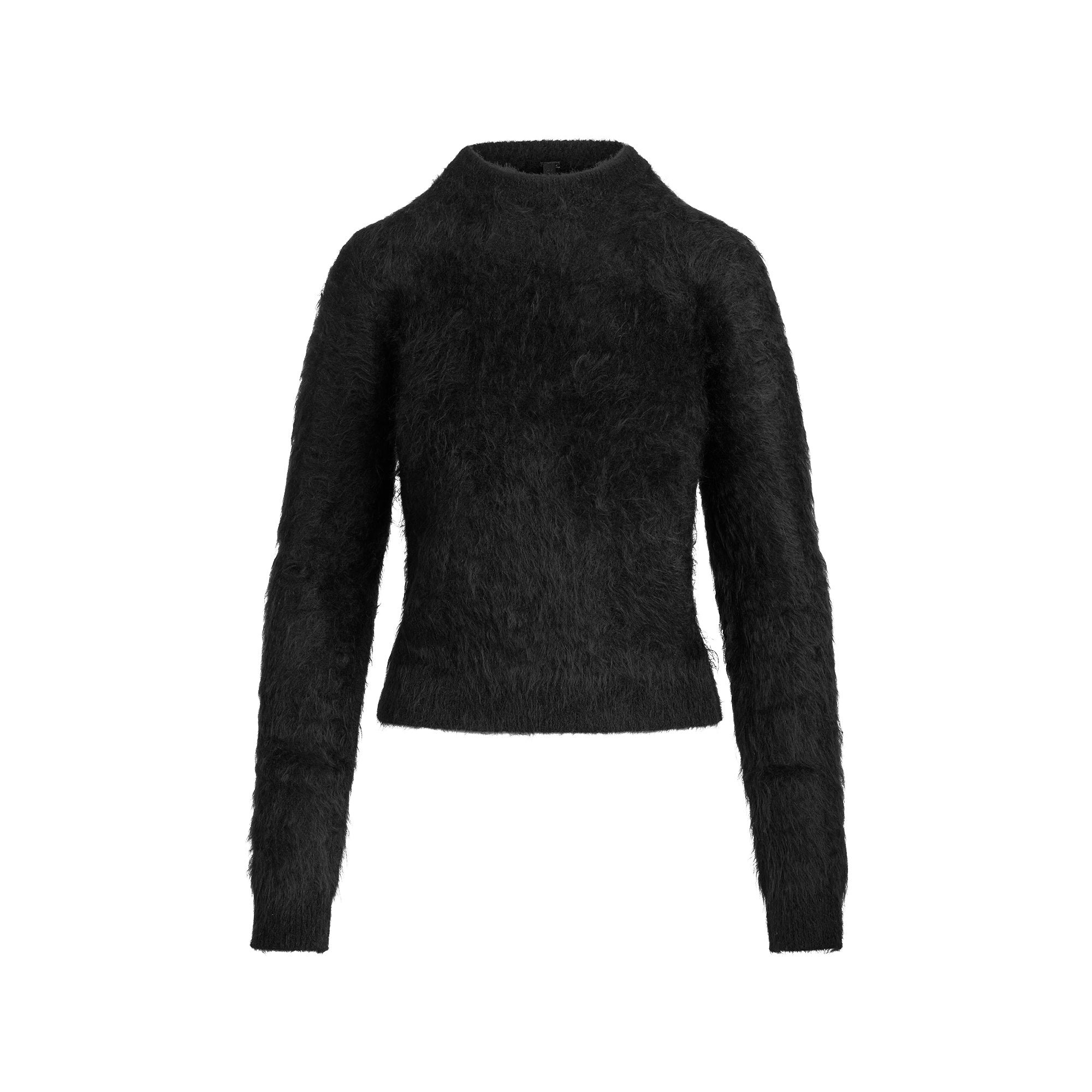 BRUSHED ALPACA CREWNECK SWEATER | ONYX FLAT ON A WHITE BACKGROUND | FLT