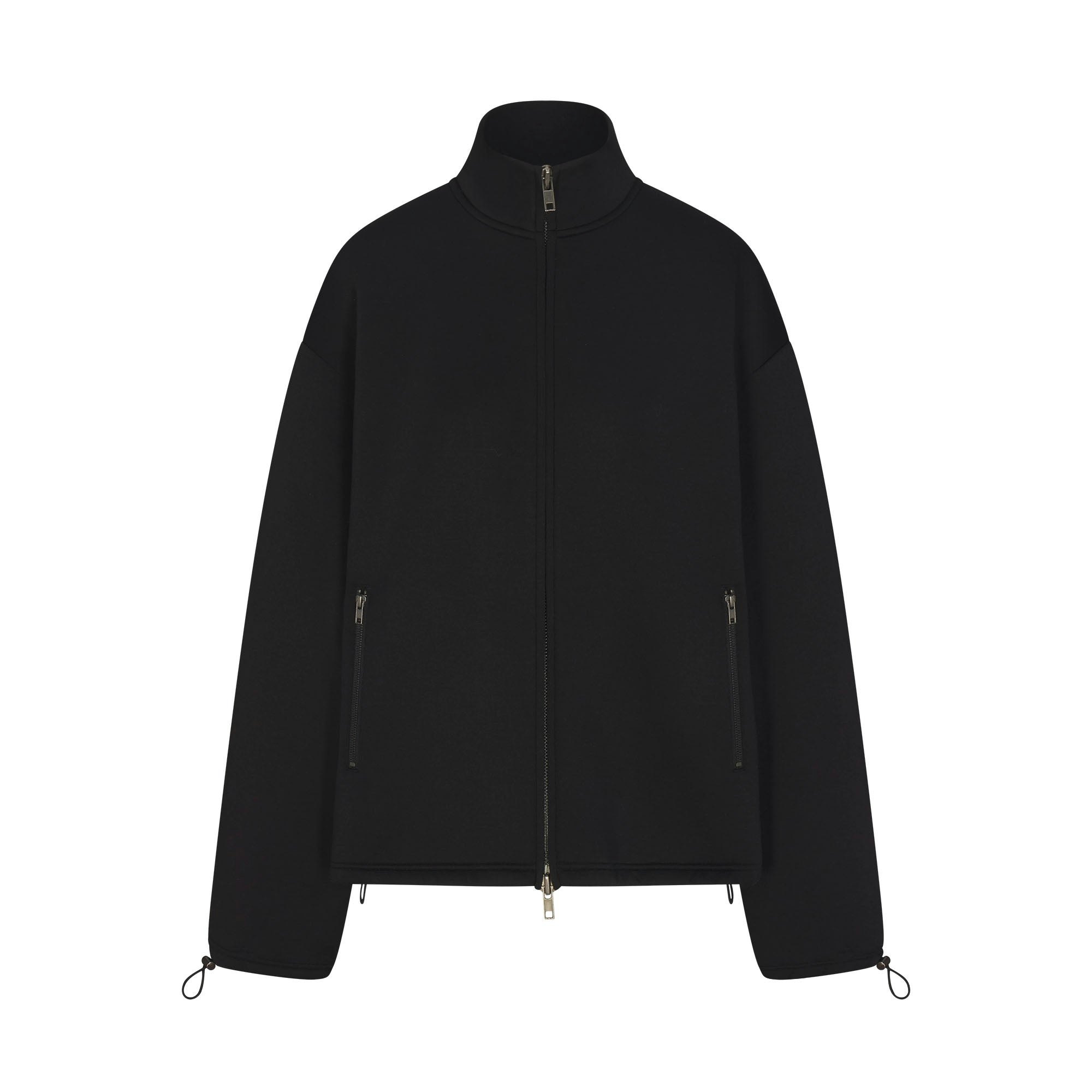 NEOPRENE OUTERWEAR OVERSIZED MOCK NECK JACKET | OBSIDIAN LAYS FLAT ON A WHITE BACKGROUND | FLT
