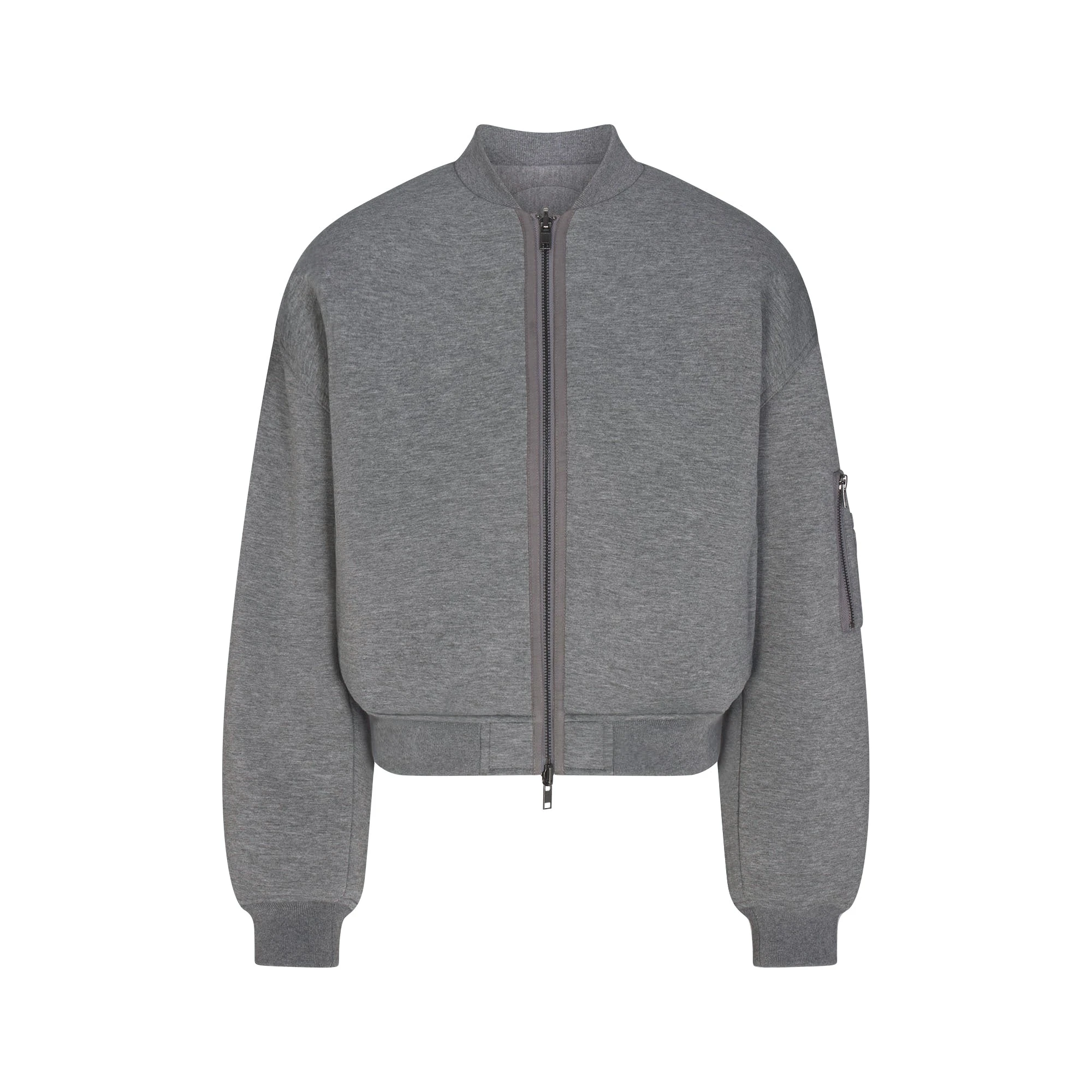 NEOPRENE OUTERWEAR REVERSIBLE BOMBER JACKET | DARK HEATHER GREY FLAT ON A WHITE BACKGROUND | FLT