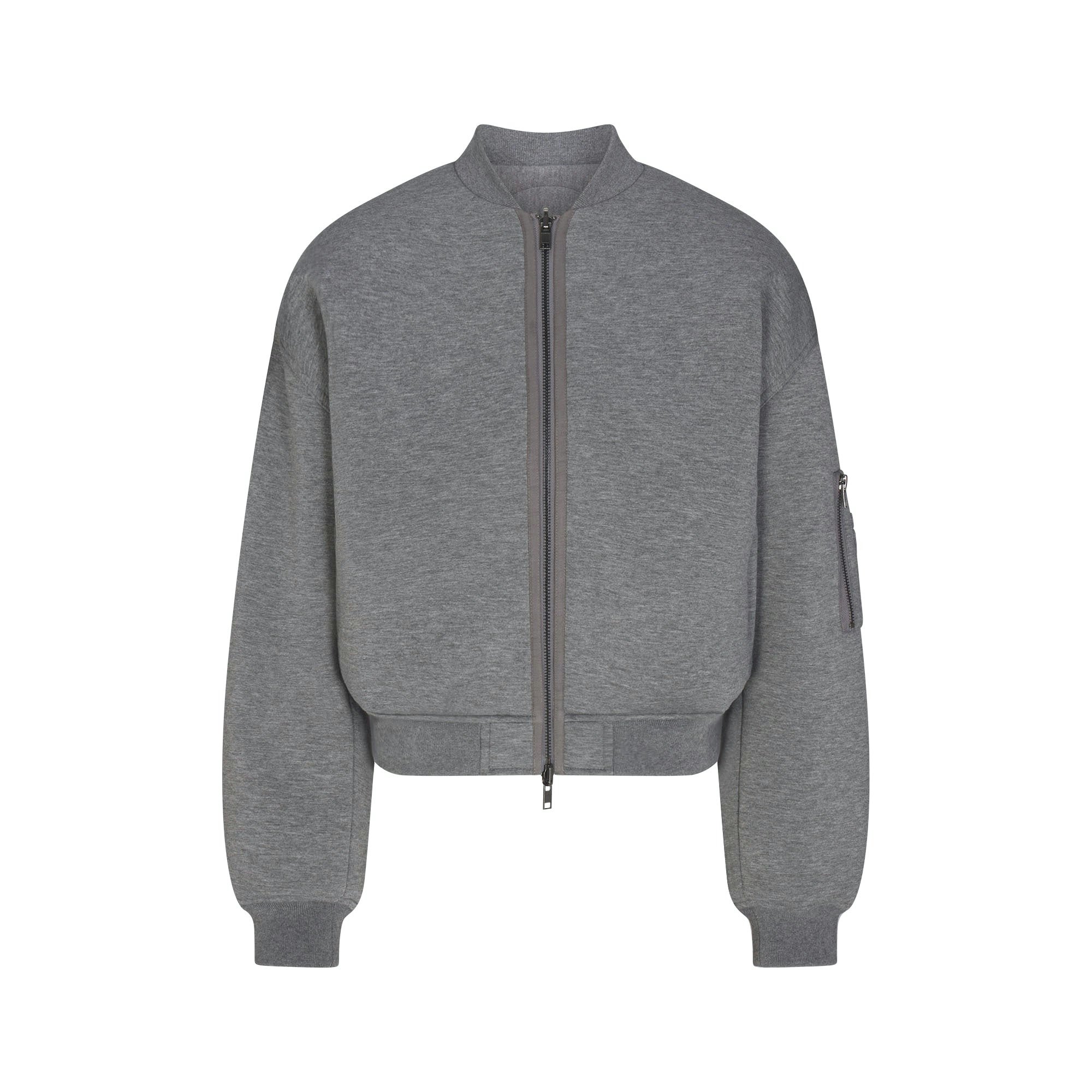 NEOPRENE OUTERWEAR REVERSIBLE BOMBER JACKET | DARK HEATHER GREY FLAT ON A WHITE BACKGROUND | FLT