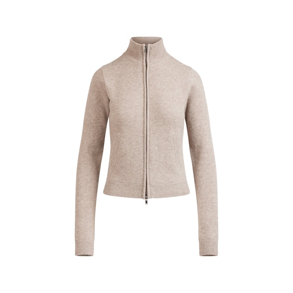 WOOL CASHMERE ZIP UP MOCK NECK SWEATER | LINEN FLAT ON A WHITE BACKGROUND | FLT