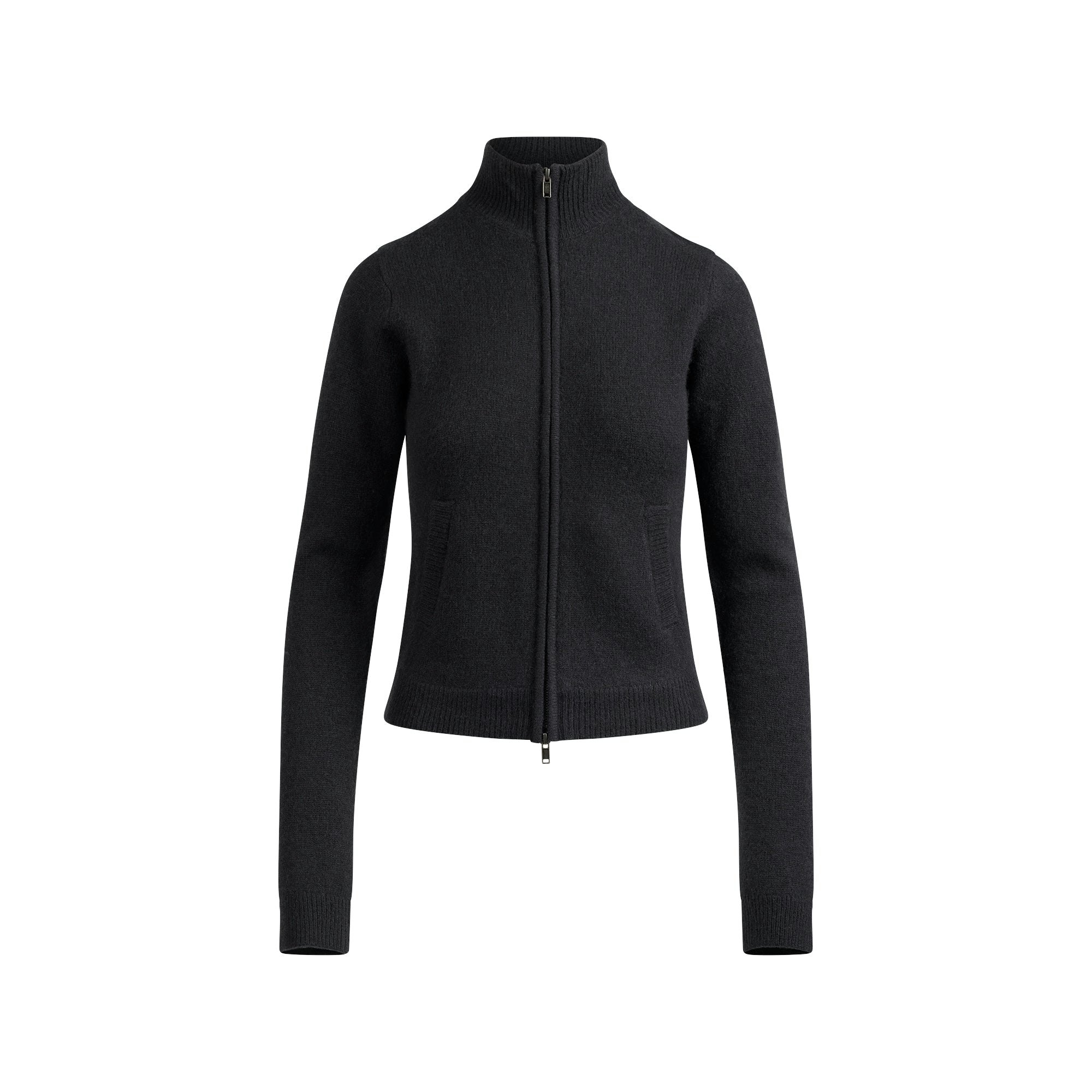 WOOL CASHMERE ZIP UP MOCK NECK SWEATER | ONYX FLAT ON A WHITE BACKGROUND | FLT