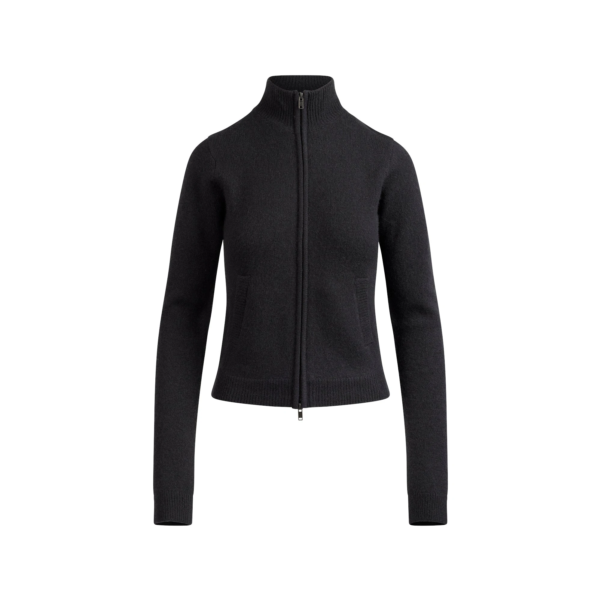 WOOL CASHMERE ZIP UP MOCK NECK SWEATER | ONYX FLAT ON A WHITE BACKGROUND | FLT