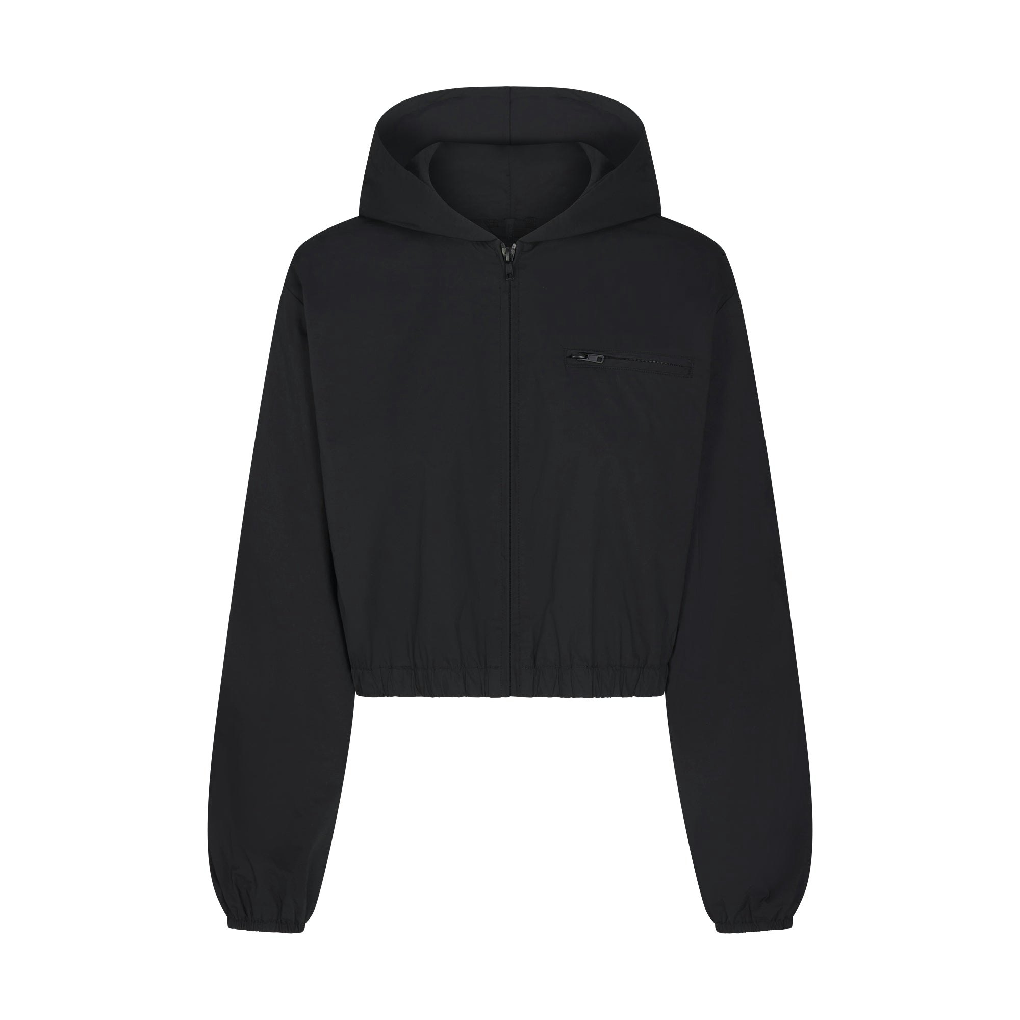 WOVEN COTTON CROPPED ZIP UP JACKET | ONYX FLAT ON A WHITE BACKGROUND | FLT