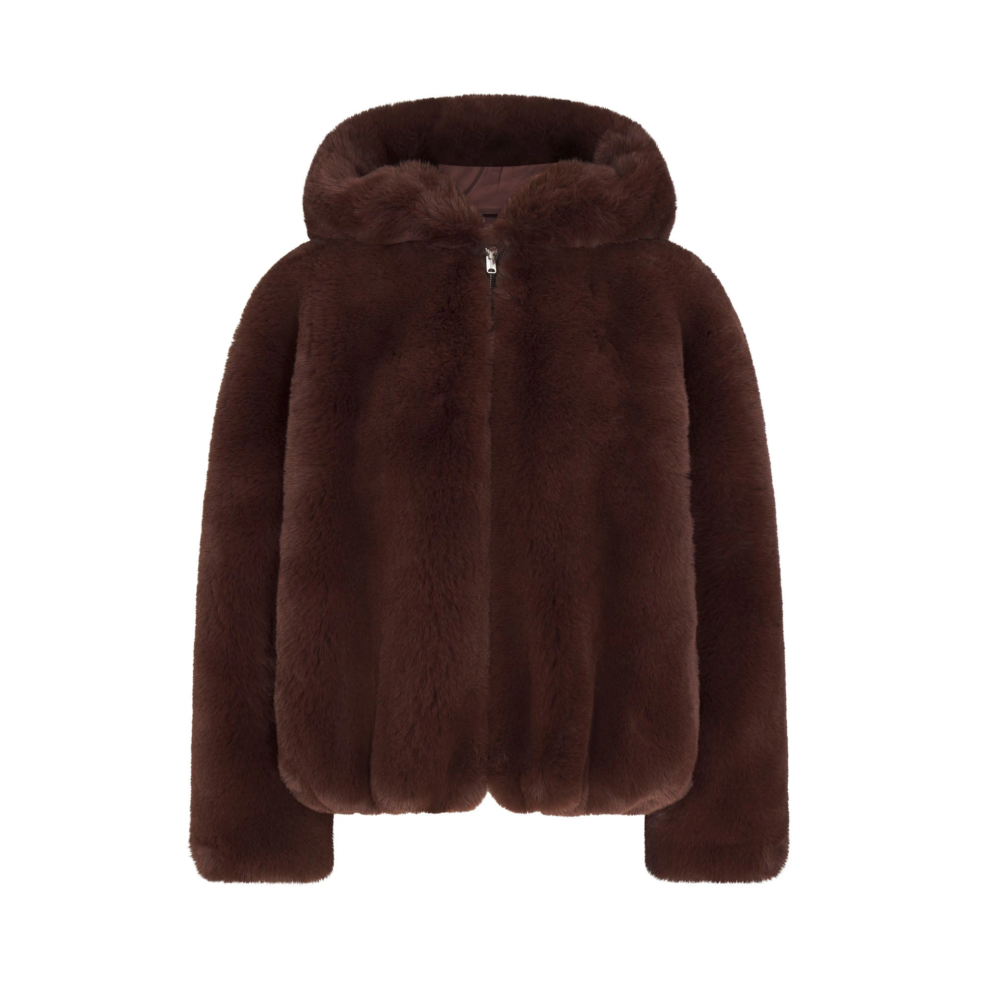 FAUX FUR HOODED JACKET | COCOA & LAYS FLAT ON A WHITE BACKGROUND | FLT