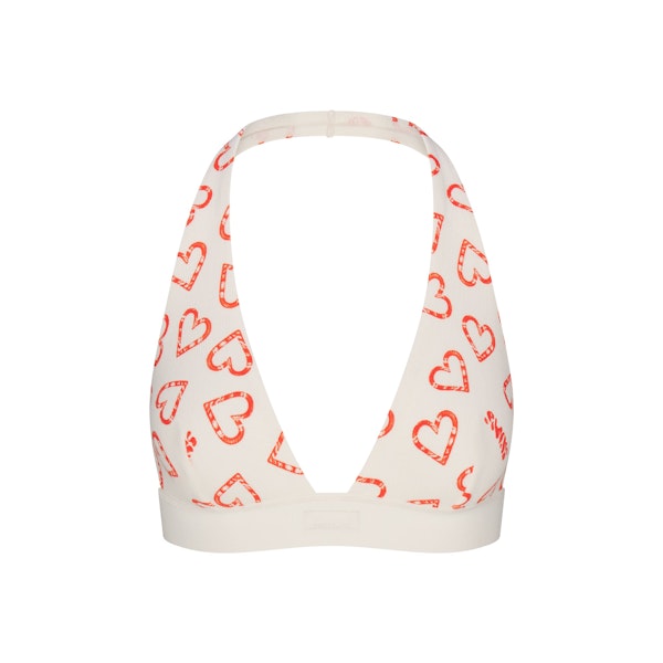 COTTON RIB HALTER BRALETTE | MARBLE CANDY HEART PRINT FLAT ON A WHITE BACKGROUND | FLT