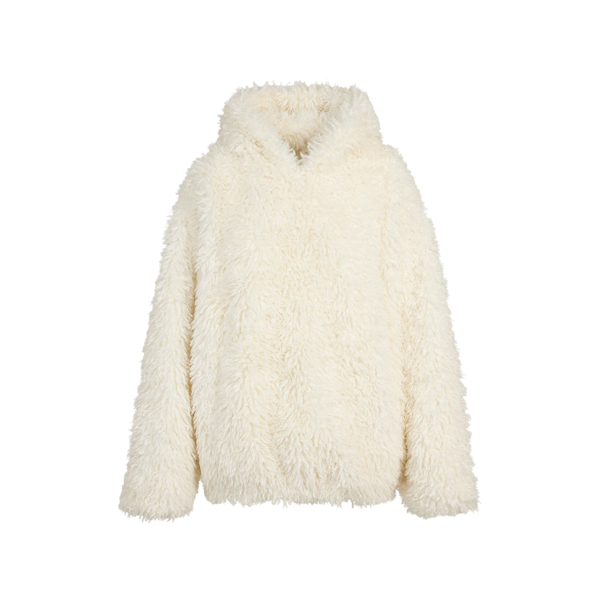 FAUX FUR HOODIE | EGRET FLAT ON A WHITE BACKGROUND | FLT