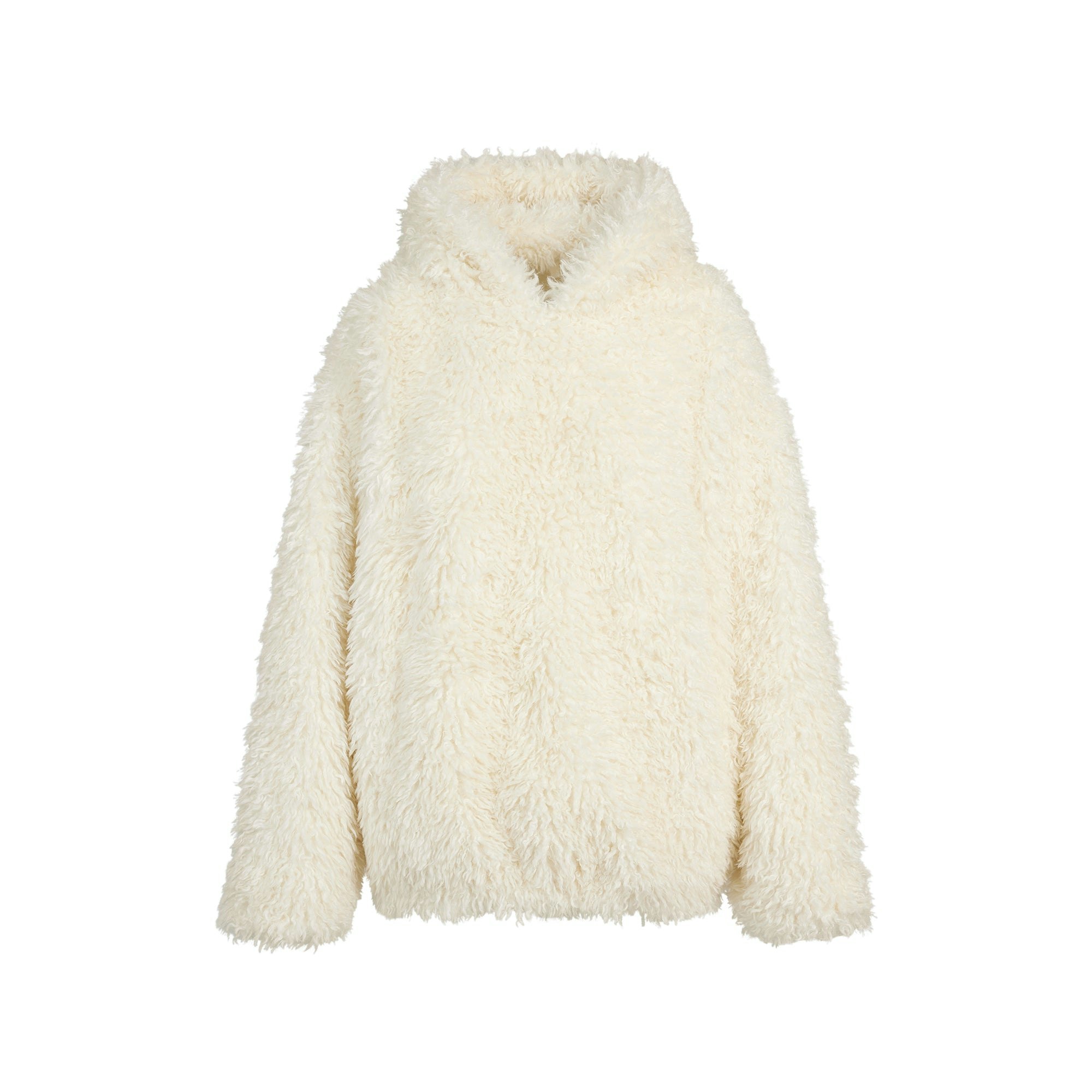 FAUX FUR HOODIE | EGRET FLAT ON A WHITE BACKGROUND | FLT