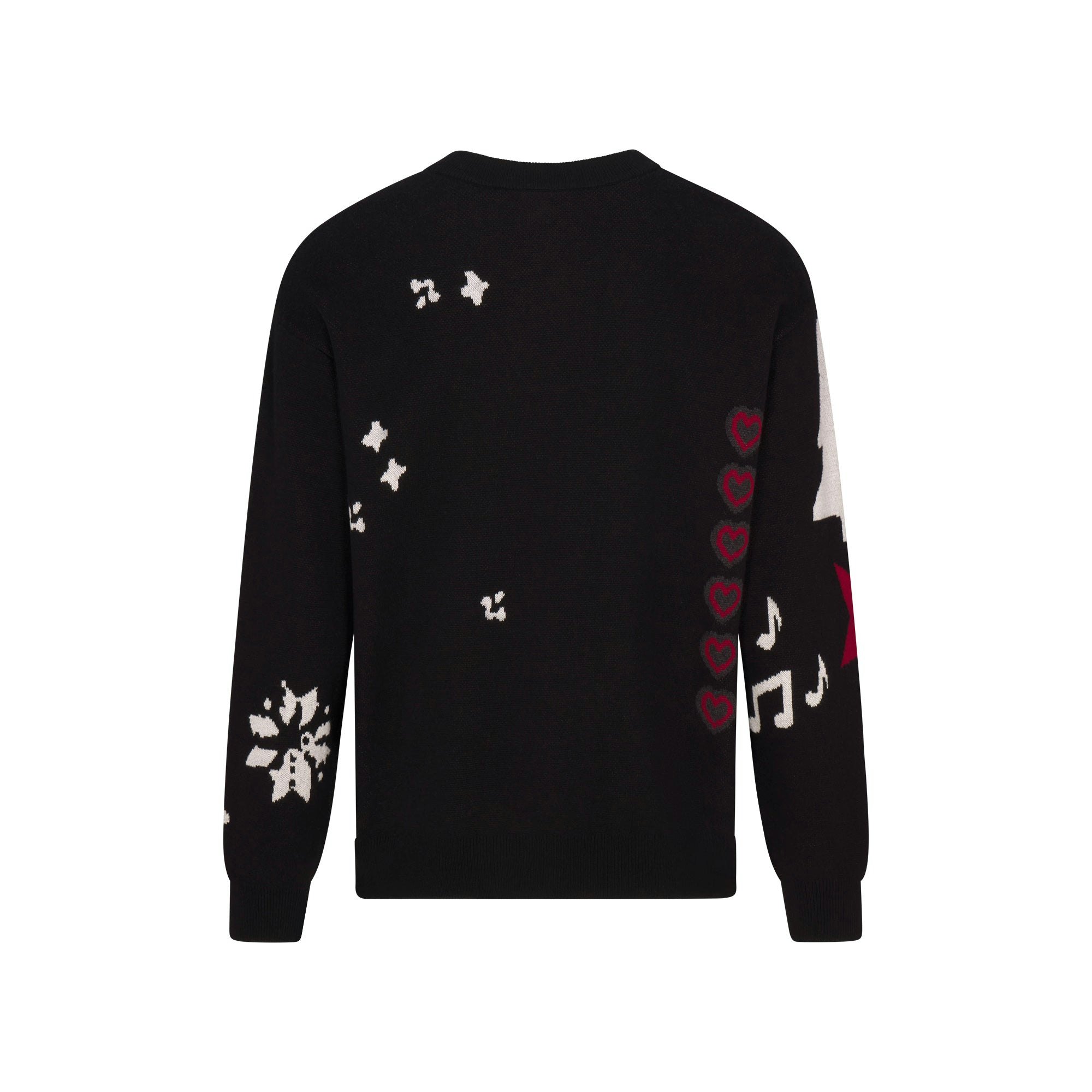 CACTUS PLANT FLEA MARKET X SKIMS COTTON KNIT MENS INTARSIA SWEATER | ONYX TEDDY BEAR SNOW PRINT FLAT ON A WHITE BACKGROUND