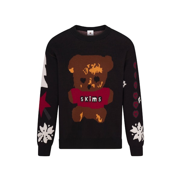 CACTUS PLANT FLEA MARKET X SKIMS COTTON KNIT MENS INTARSIA SWEATER | ONYX TEDDY BEAR SNOW PRINT FLAT ON A WHITE BACKGROUND | FLT