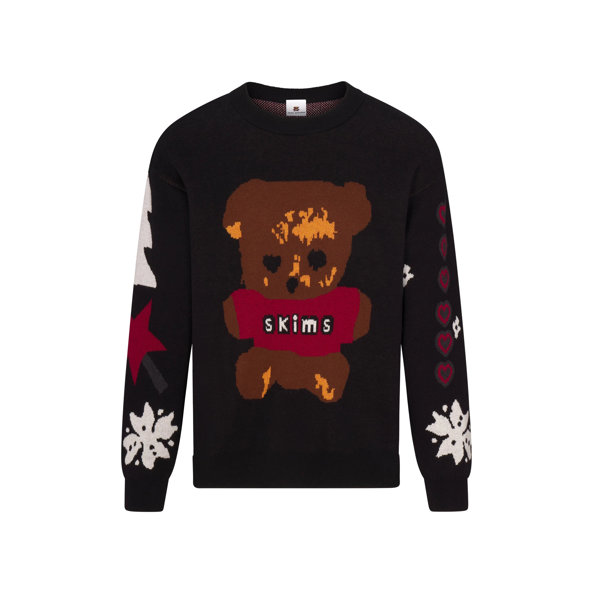 CACTUS PLANT FLEA MARKET X SKIMS COTTON KNIT MENS INTARSIA SWEATER | ONYX TEDDY BEAR SNOW PRINT FLAT ON A WHITE BACKGROUND | FLT