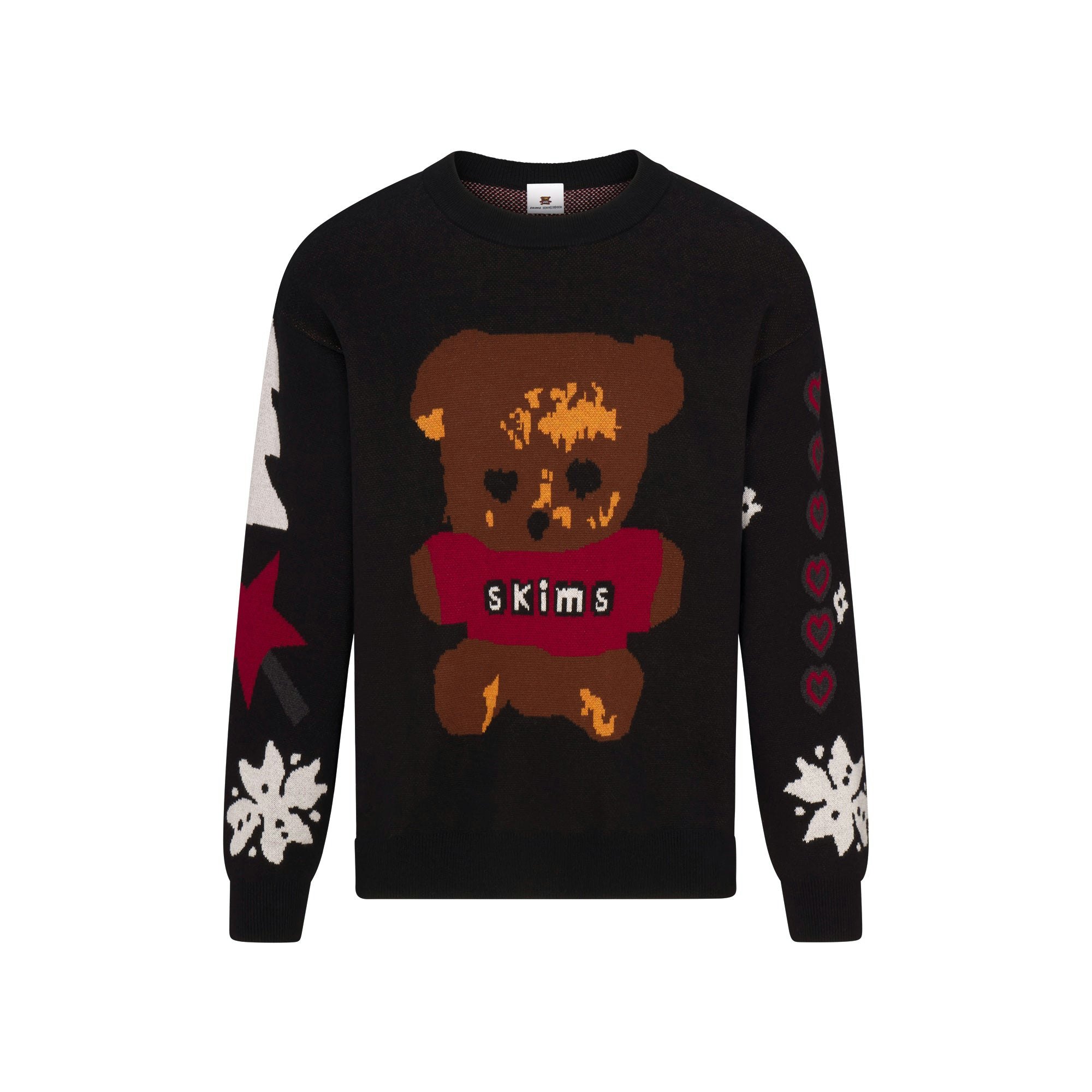 CACTUS PLANT FLEA MARKET X SKIMS COTTON KNIT MENS INTARSIA SWEATER | ONYX TEDDY BEAR SNOW PRINT FLAT ON A WHITE BACKGROUND | FLT