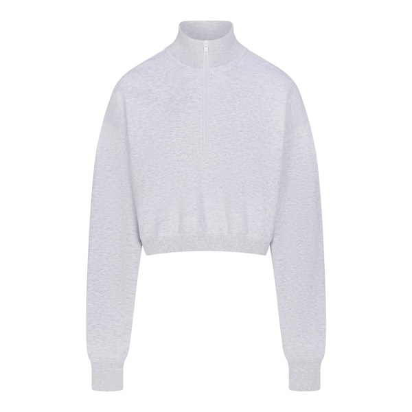 COTTON FLEECE CROPPED HALF ZIP PULLOVER | LIGHT HEATHER GREY (ZIP UPS) FLAT ON A WHITE BACKGROUND | FLT