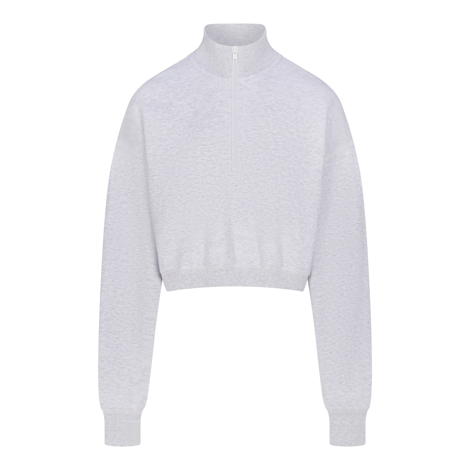 COTTON FLEECE CROPPED HALF ZIP PULLOVER | LIGHT HEATHER GREY (ZIP UPS) FLAT ON A WHITE BACKGROUND