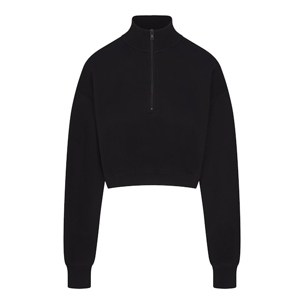 COTTON FLEECE CROPPED HALF ZIP PULLOVER | ONYX (ZIP UPS) FLAT ON A WHITE BACKGROUND | FLT