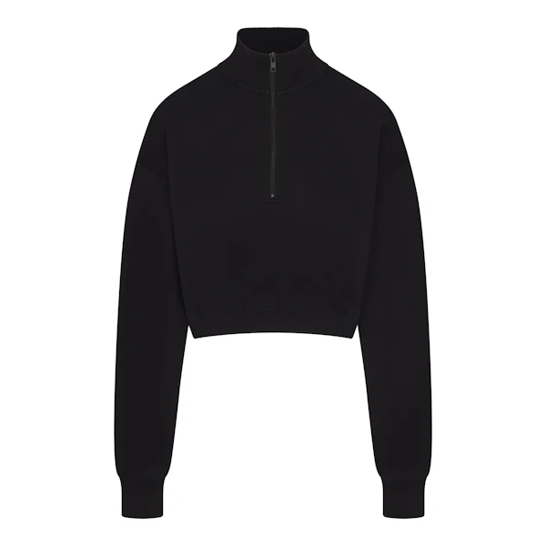 COTTON FLEECE CROPPED HALF ZIP PULLOVER | ONYX (ZIP UPS) FLAT ON A WHITE BACKGROUND | FLT