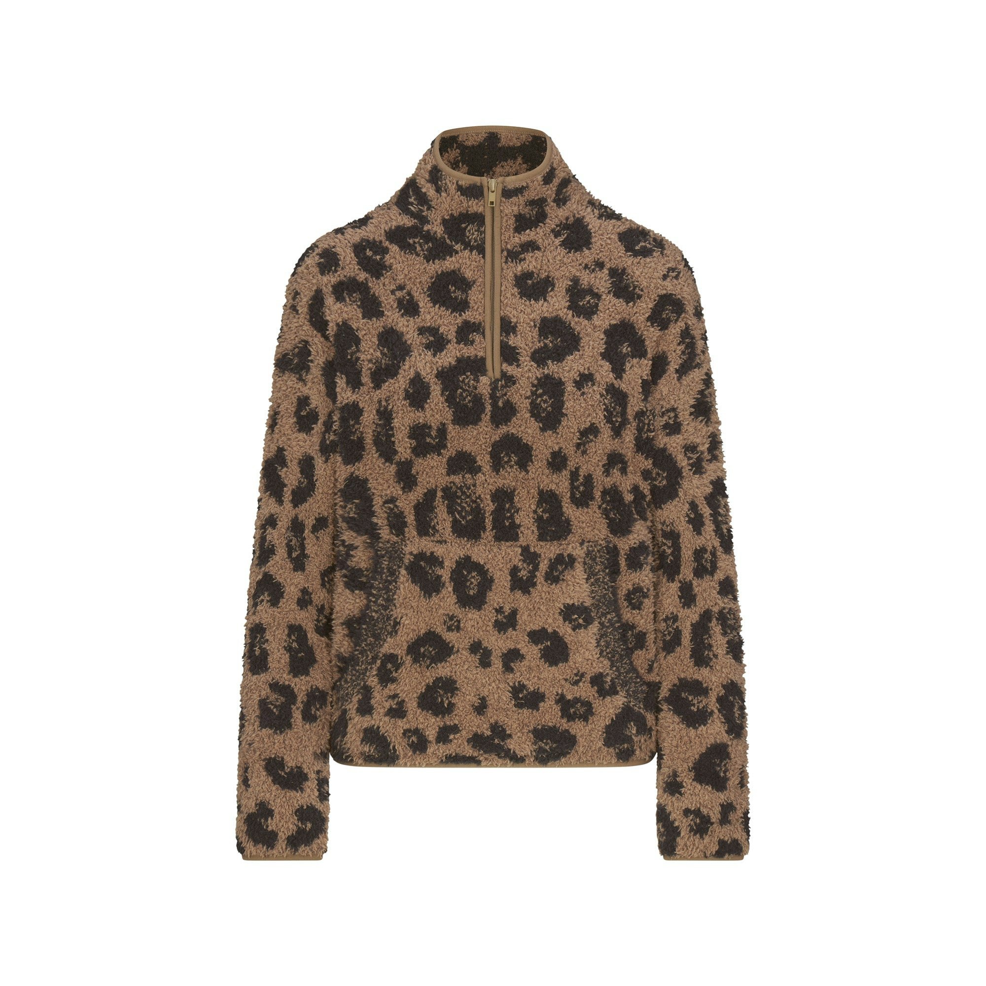 COZY KNIT UNISEX QUARTER ZIP PULLOVER | LEOPARD PRINT FLAT ON A WHITE BACKGROUND | FLT