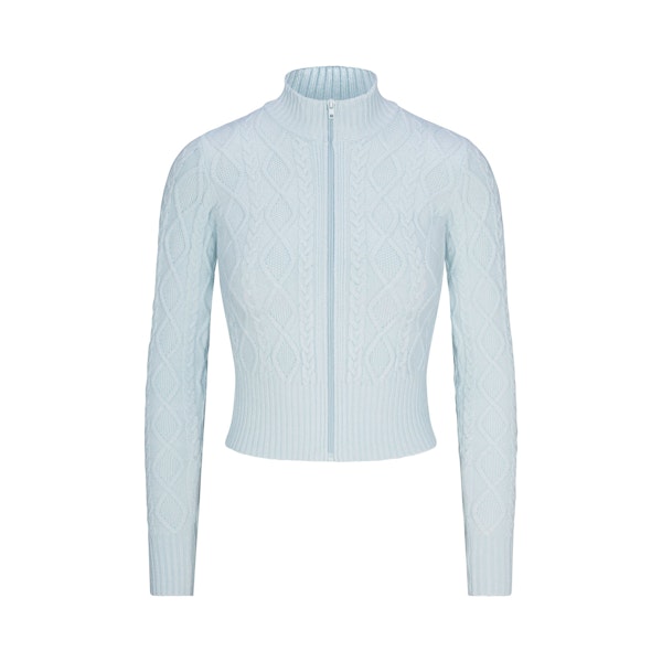 CABLE KNIT ZIP UP | CLOUD (ZIP UPS) FLAT ON A WHITE BACKGROUND | FLT