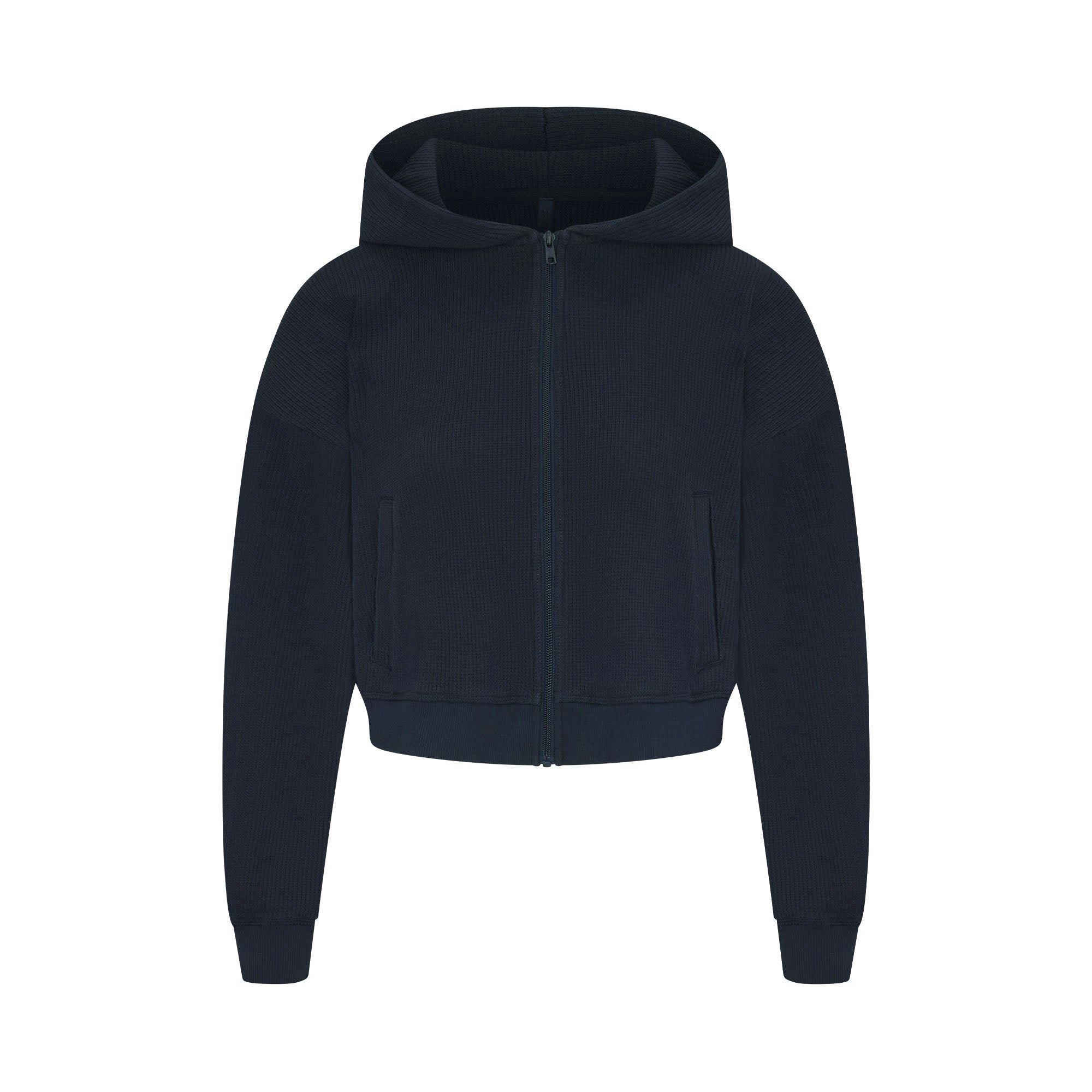 HEAVY WAFFLE CROPPED ZIP UP HOODIE | NAVY (ZIP UP HOODIES) FLAT ON A WHITE BACKGROUND | FLT