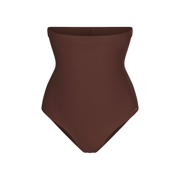 SKIMS BODY CORE SCULPT HIGH-WAISTED BRIEF | COCOA FLAT ON A WHITE BACKGROUND | FLT | FLT