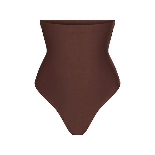 SKIMS BODY CORE SCULPT HIGH-WAISTED THONG | COCOA FLAT ON A WHITE BACKGROUND | FLT | FLT