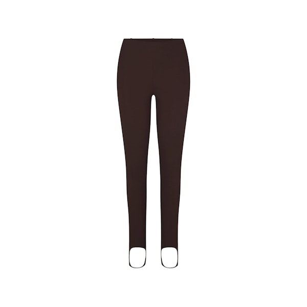 THE ESSENTIAL COLLECTION HIGH-WAISTED STIRRUP LEGGING | ESPRESSO FLAT ON A WHITE BACKGROUND | FLT