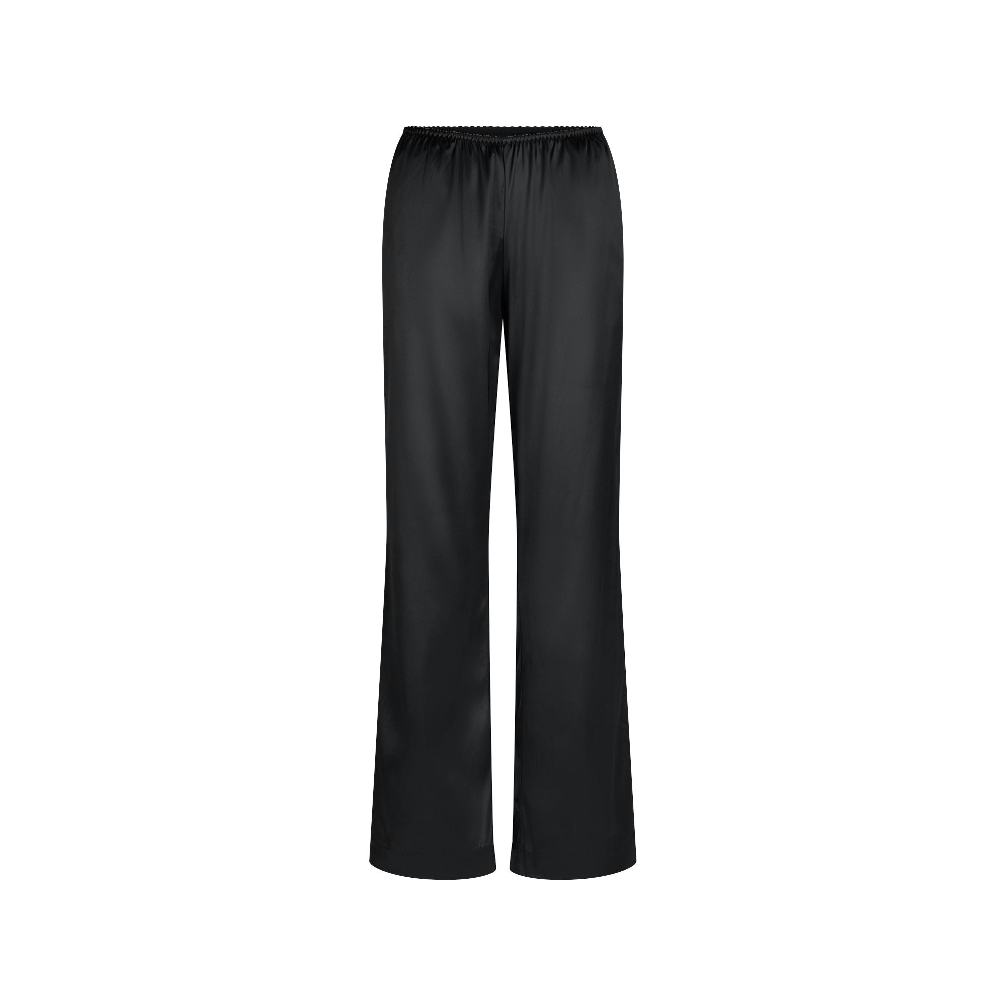 HEAVYWEIGHT SATIN WIDE LEG PANT | ONYX FLAT ON A WHITE BACKGROUND | FLT