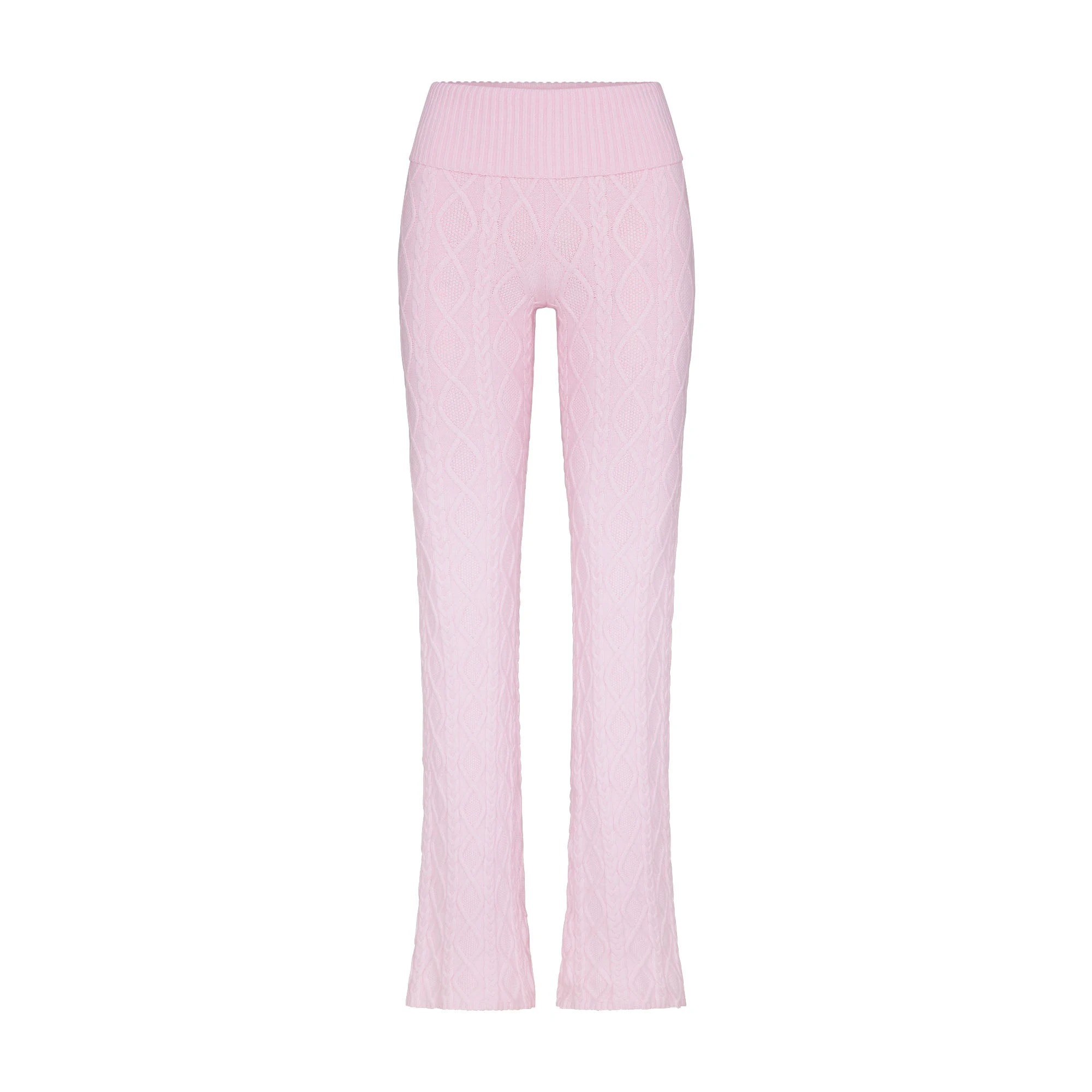 CABLE KNIT FOLDOVER PANT | BABY PINK (PANTS) FLAT ON A WHITE BACKGROUND | FLT