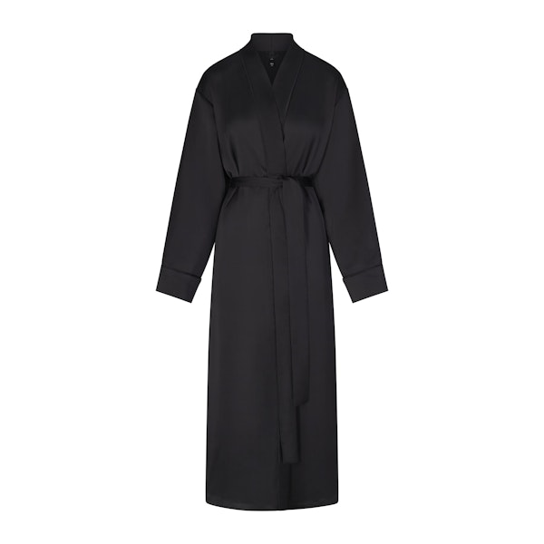 SKIMS SPORTY SATIN LONG ROBE | ONYX (LONG ROBES) LAYS FLAT ON A WHITE BACKGROUND