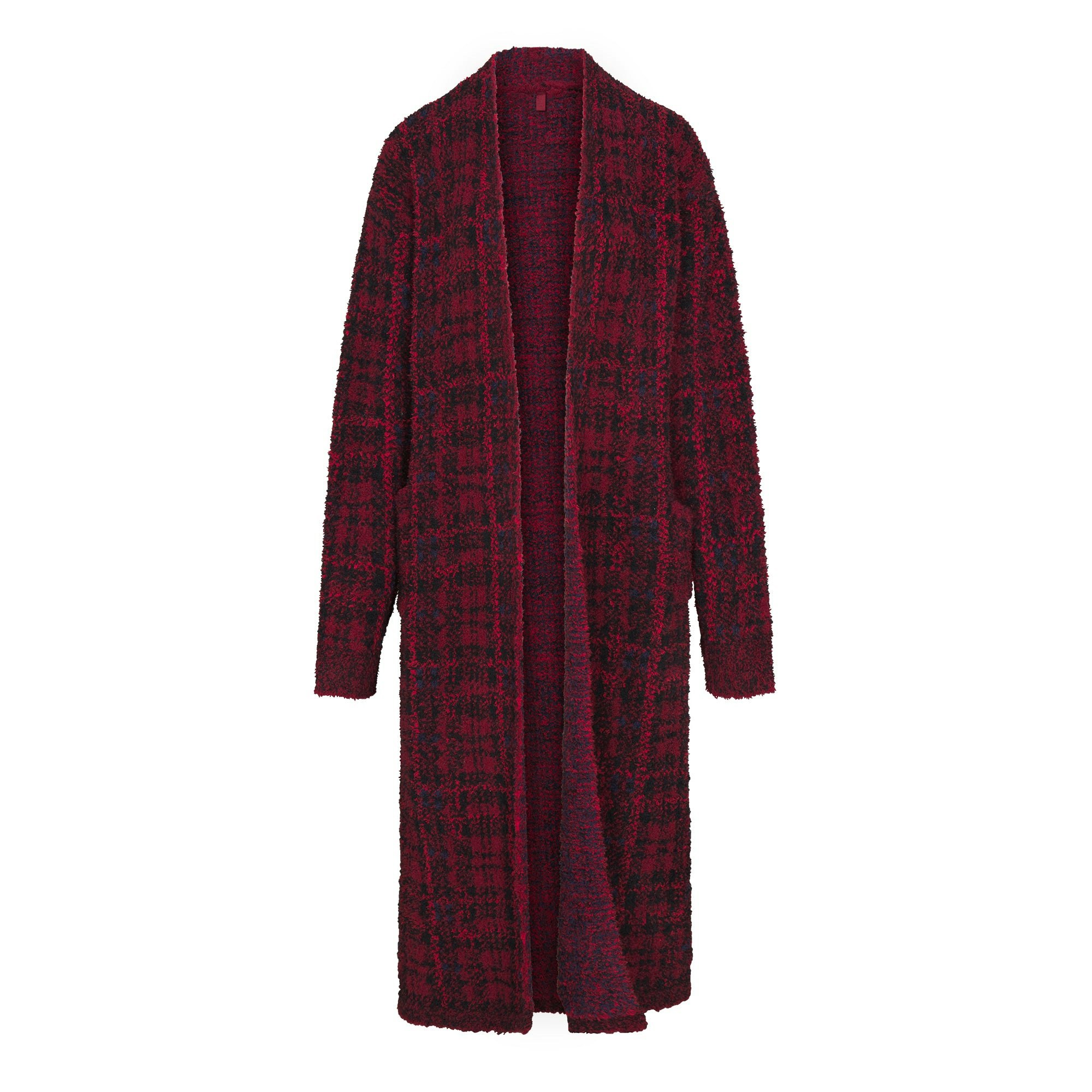 COZY KNIT UNISEX ROBE | MERLOT NAVY PLAID FLAT ON A WHITE BACKGROUND | FLT