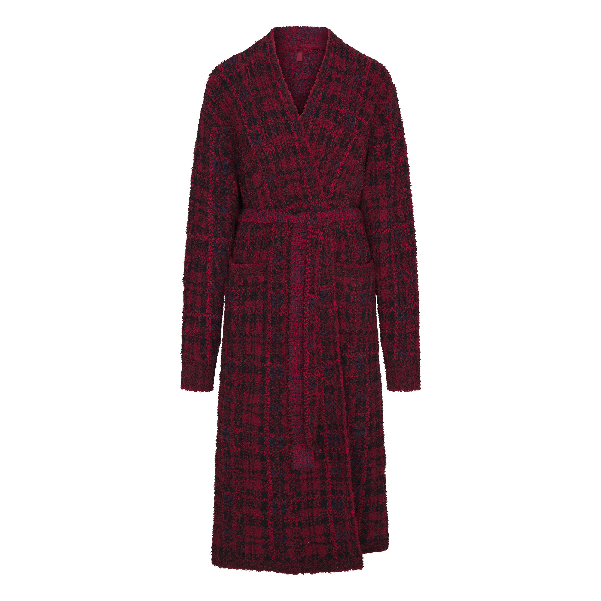 COZY KNIT UNISEX ROBE | MERLOT NAVY PLAID FLAT ON A WHITE BACKGROUND | FLT