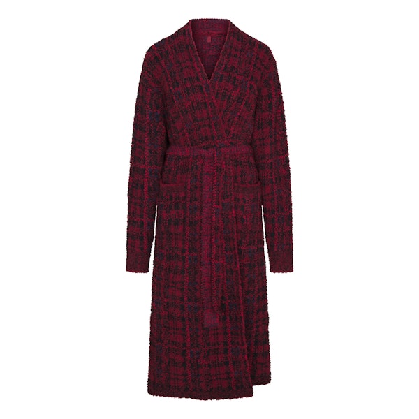 COZY KNIT UNISEX ROBE | MERLOT NAVY PLAID FLAT ON A WHITE BACKGROUND | FLT