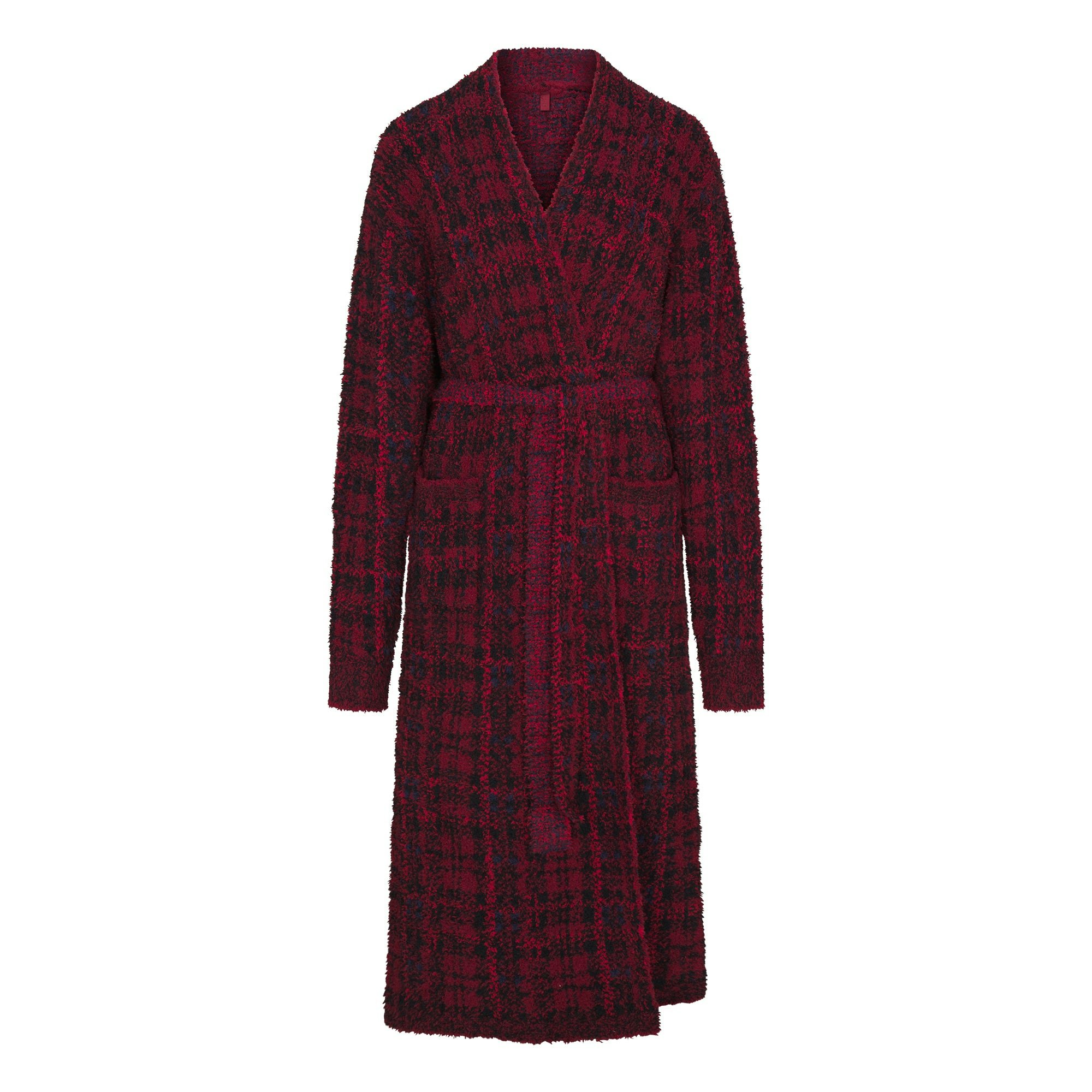 COZY KNIT UNISEX ROBE | MERLOT NAVY PLAID FLAT ON A WHITE BACKGROUND | FLT