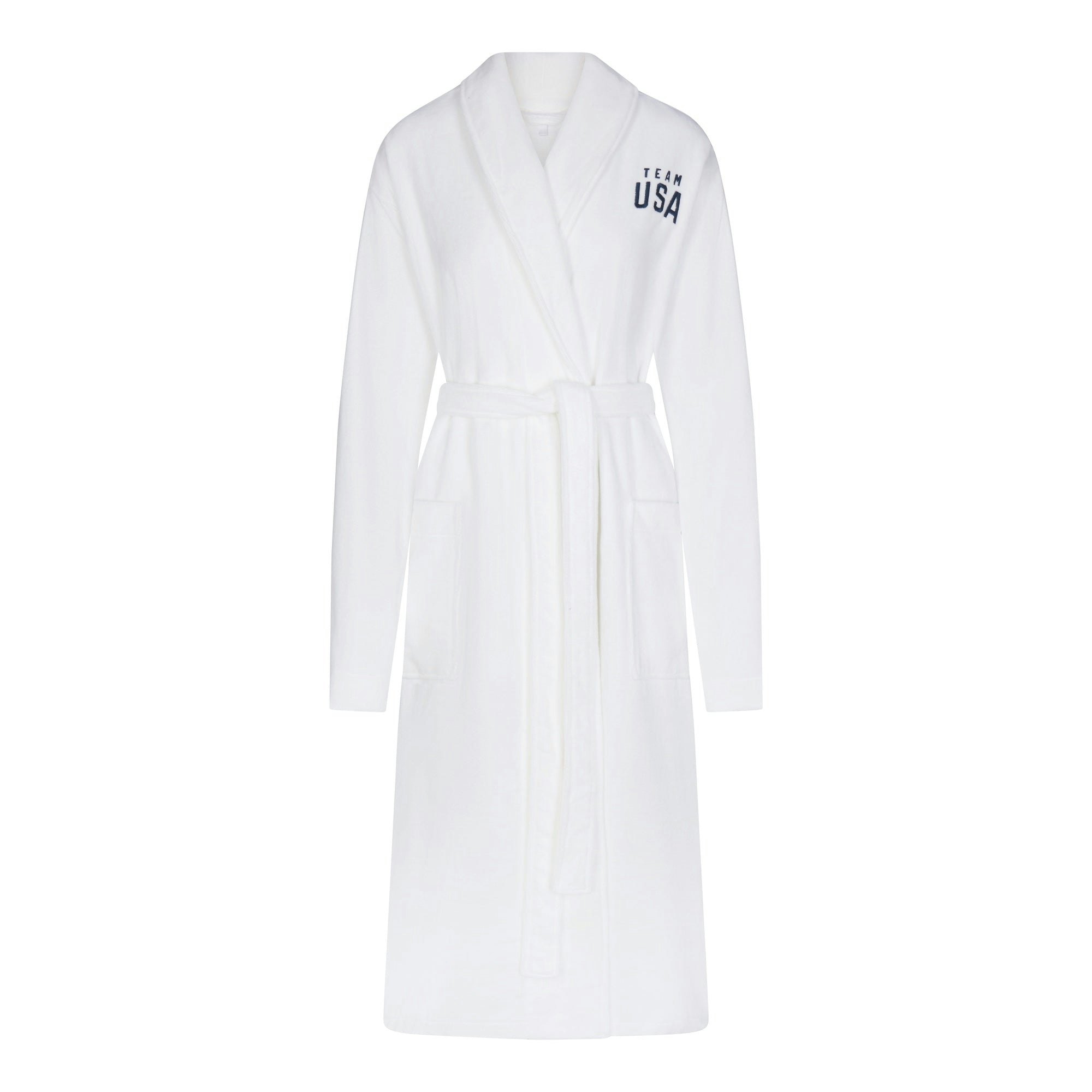 SKIMS FOR TEAM USA TERRY PARALYMPIC UNISEX ROBE | WHITE LAYS FLAT ON A WHITE BACKGROUND | FLT
