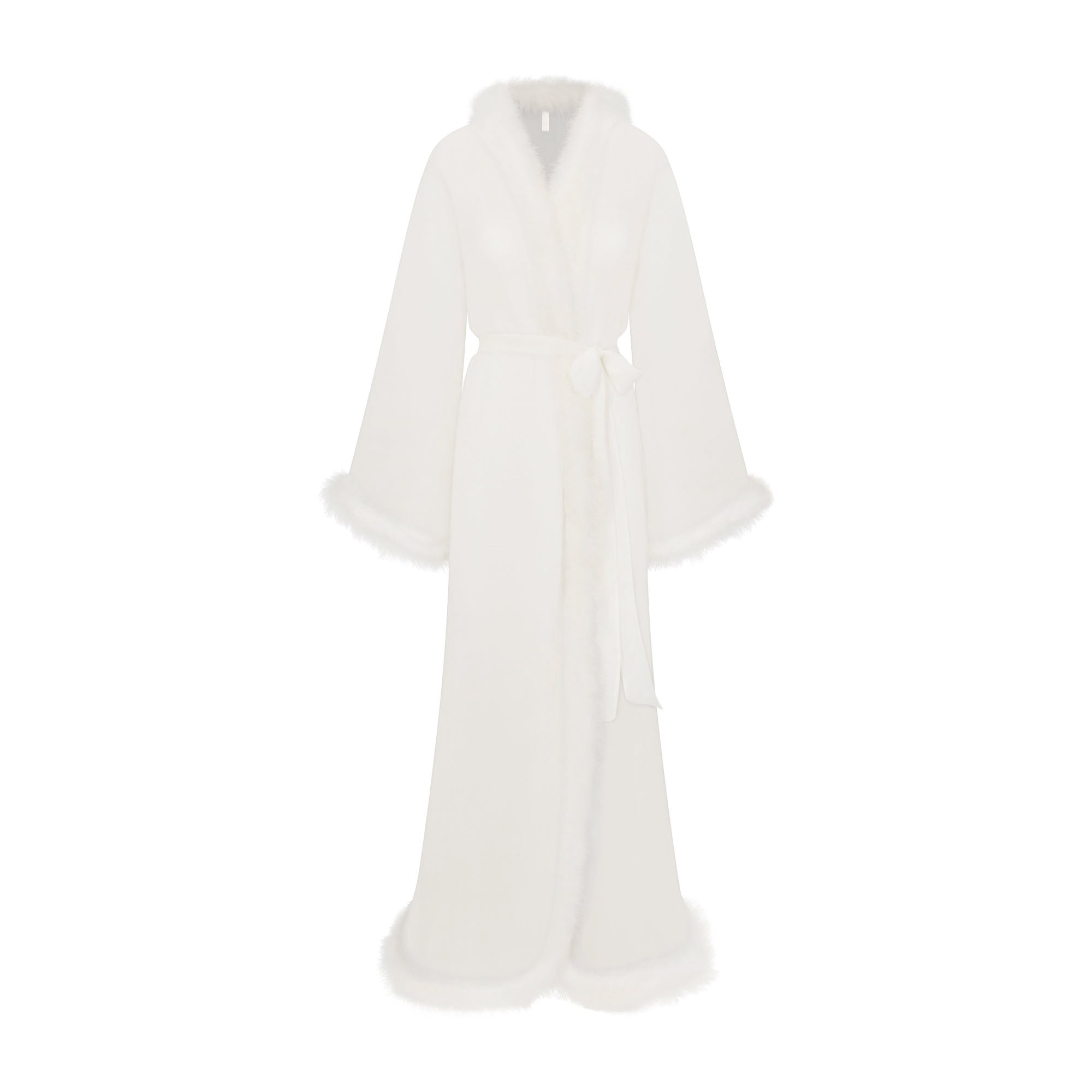 BRIDAL SLEEP FEATHER TRIM LONG ROBE | IVORY FLAT ON A WHITE BACKGROUND | FLT